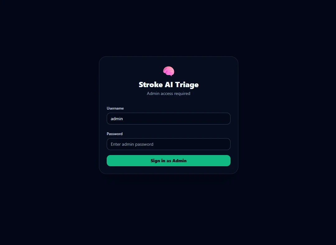 The Stroke AI Triage sign-in screen, labelled Admin access required, with username and password fields.