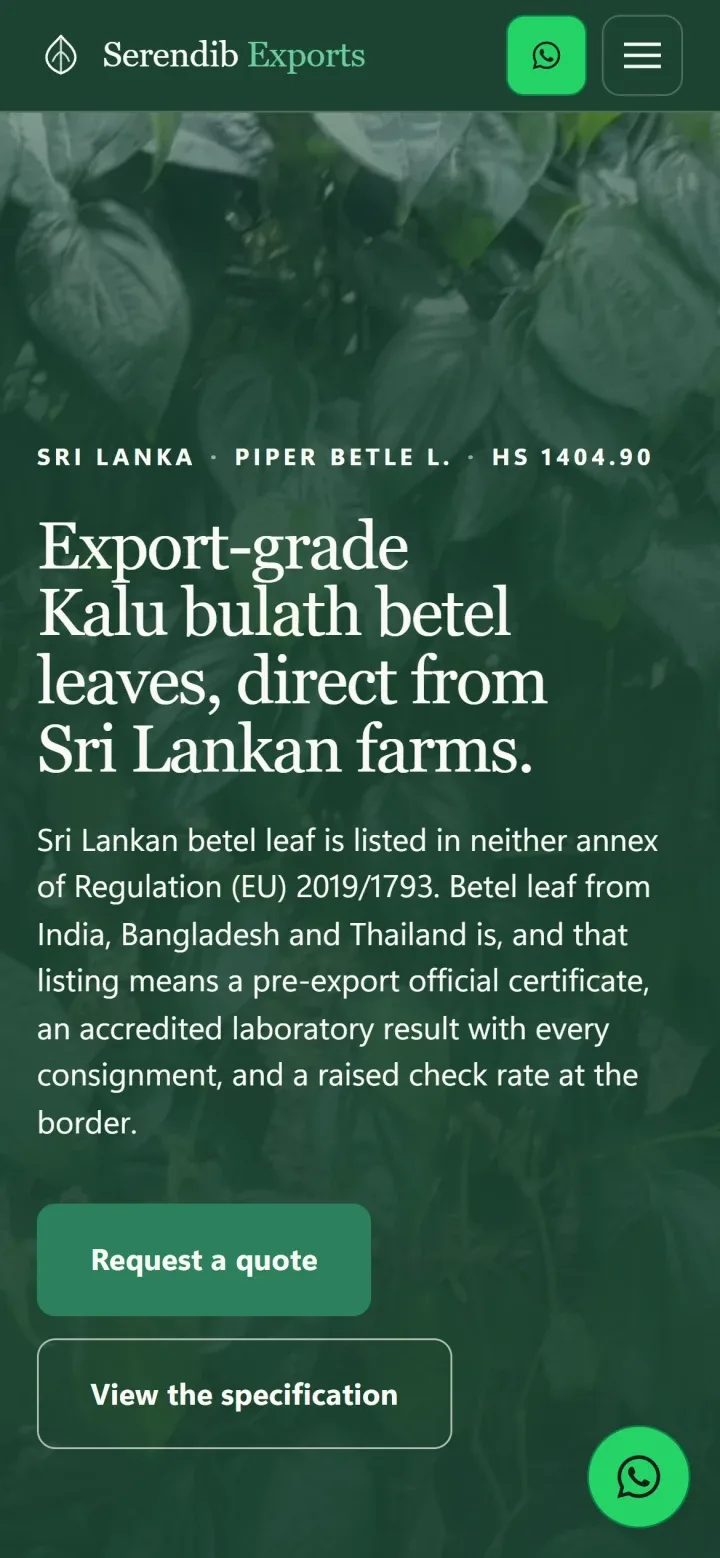The Serendib Exports website on a phone